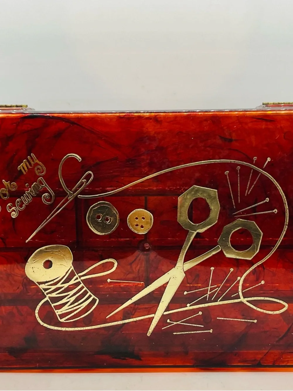 Vintage 1960s Lucite Amber ‘For My Sewing’ Box & Tray Gold Embossed Design.